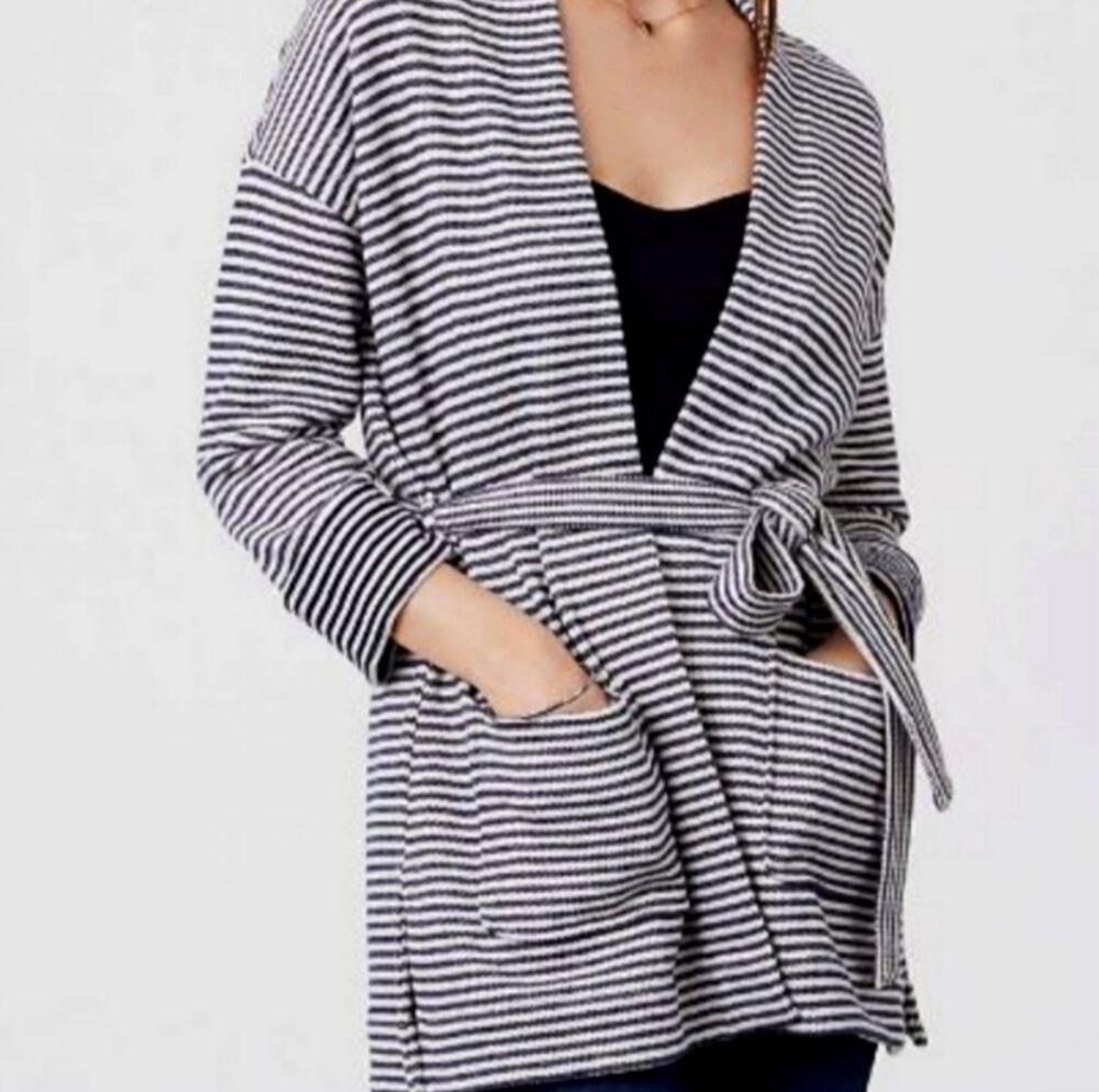 Ann Taylor Loft Striped Knit Belted Cardigan Sz Small Navy/White Cotton Coastal